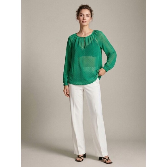 J. Crew Factory Tops - J Crew Factory Kelly Green Swiss Dot Sheer Blouse Keyhole Peasant Top Medium M